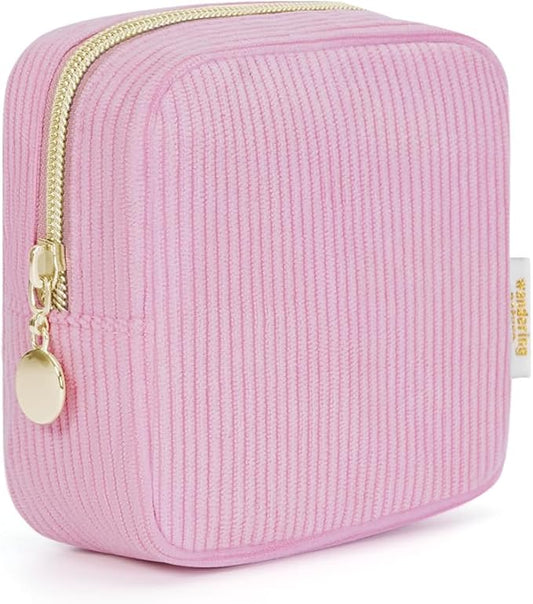 Wandering Nature Small Makeup Bag for Purse Mini Make up Pouch Cute Cosmetic Pouch for Women with Slip-in Pockets Corduroy, Pink