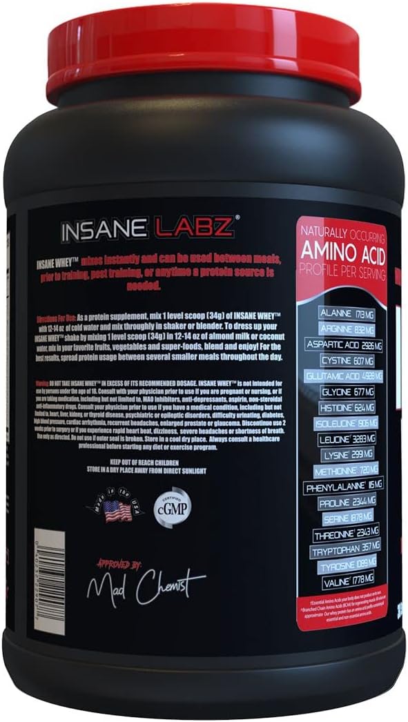Insane Labz Insane Whey,100% Muscle Building Whey Protein, BCAA Amino Profile, Mass Gainer, Meal Replacement (Strawberries & Cream, 30 Servings)