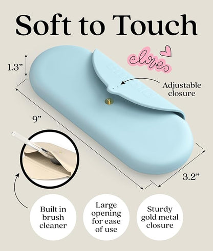 Embla Makeup Brush Holder Travel Cosmetic Case Pouch, Soft Silicone Cosmetic Bag Make Up Brushes Holder with Secure Snap Closure, Travel Makeup Brush Case, Sky