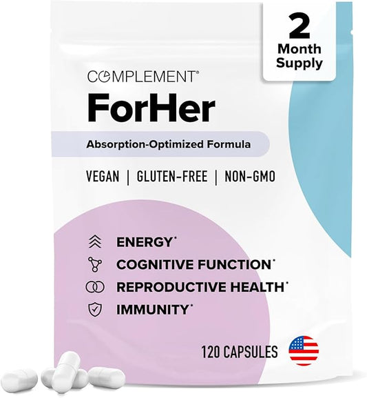 Complement ForHer Multivitamin- Hormone Balance for Women (120 Capsules) Inositol Supplement, Longevity Support, Reproductive Health- B9, Iron- 60 Servings