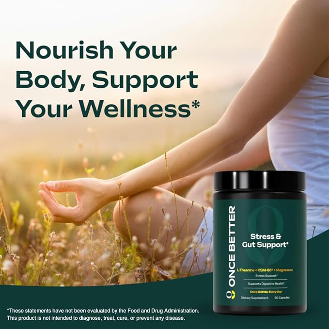 Once Better™️ Stress & Gut Support Supplement – Ashwagandha KSM-66®, L-Theanine, Magnesium Glycinate, Probiotics & Inulin for Digestive Health & Stress Relief – 60 Capsules - Men & Women