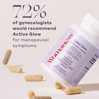 Womaness Active Glow Hair Skin and Nails Vitamins - Biotin, Longvida Curcumin & Hyaluronic Acid Supplements for Joint Health, Dry Skin & Thinning Hair (30 Capsules)
