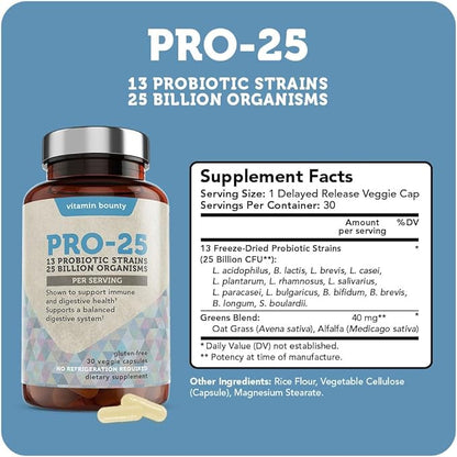 Vitamin Bounty Pro 25 Probiotic with Prebiotics for Oral & Dental Health, Gut and Digestive Support - 13 Strains, 25 Billion CFU, Embocaps & Fermented Greens, 30 Count (Pack of 1)