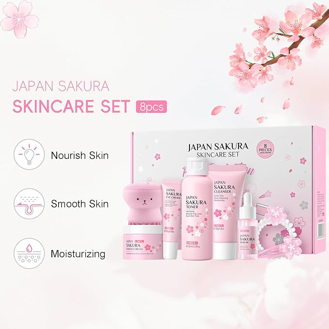Sakura Skincare Set Facial Kit - Skin Care Gift Set for Girls/Women's, Facial Skin Care Sets & Kits with Beauty Gift Box, Japanese Skin Care Products Hydrating&Anti-Aging Skin - TSA-Friendly 8Pcs