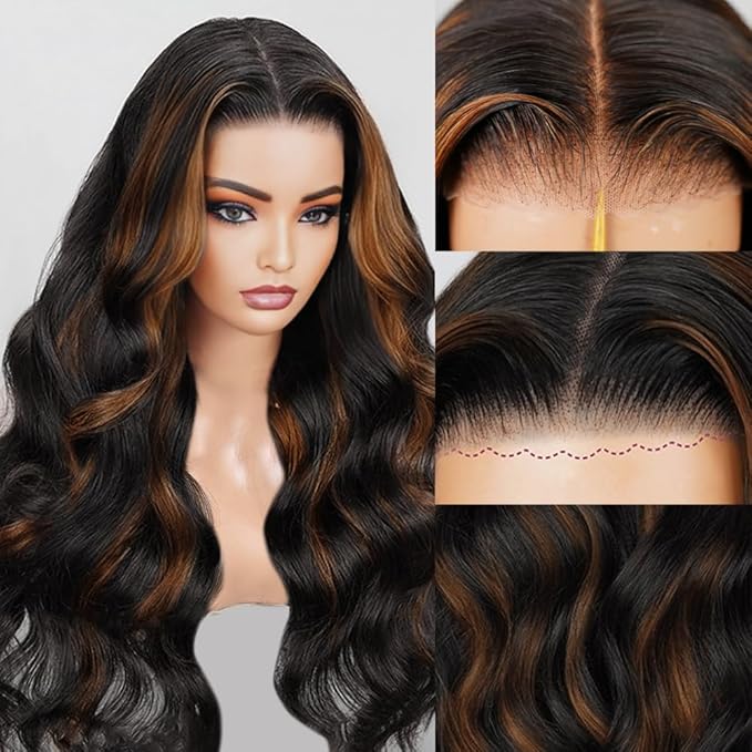 28 inch Balayage Brown Highlight 7X5 Lace Front Bye Bye Knots Glueless Wigs Human Hair Pre Plucked Pre Cut Bleached Knots Pre Everything Put on and Go Wig Highlight 1b30 Human Hair Wigs
