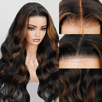 28 inch Balayage Brown Highlight 7X5 Lace Front Bye Bye Knots Glueless Wigs Human Hair Pre Plucked Pre Cut Bleached Knots Pre Everything Put on and Go Wig Highlight 1b30 Human Hair Wigs