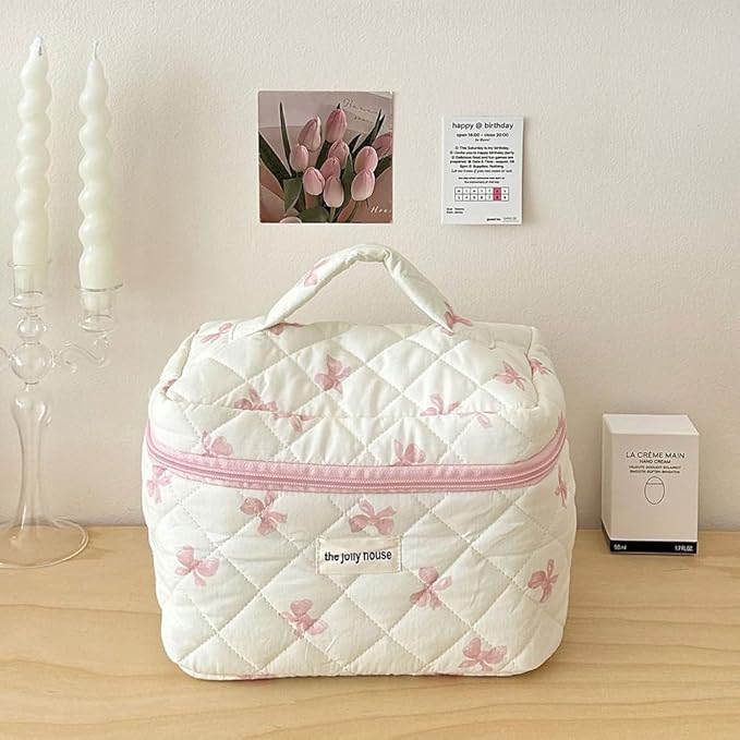 Quilted Makeup Bag Set 3 Pcs Cotton Cute Makeup Bags For Women Large Aesthetic Floral Cosmetic Bag Coquette Flower Makeup Pouch