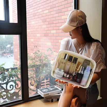 Extra Large Preppy Transparent Makeup Pouch Women Travel Clear TPU and Nylon Cosmetic Pouch (Extral-Large, Beige)