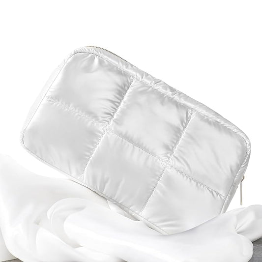 Hillban Puffy Quilted Makeup Bag Quilted Cosmetic Bag Cute Puffer Toiletry Checkered Pouch Aesthetic Travel Makeup Brushes Organizer(White,Elegant)
