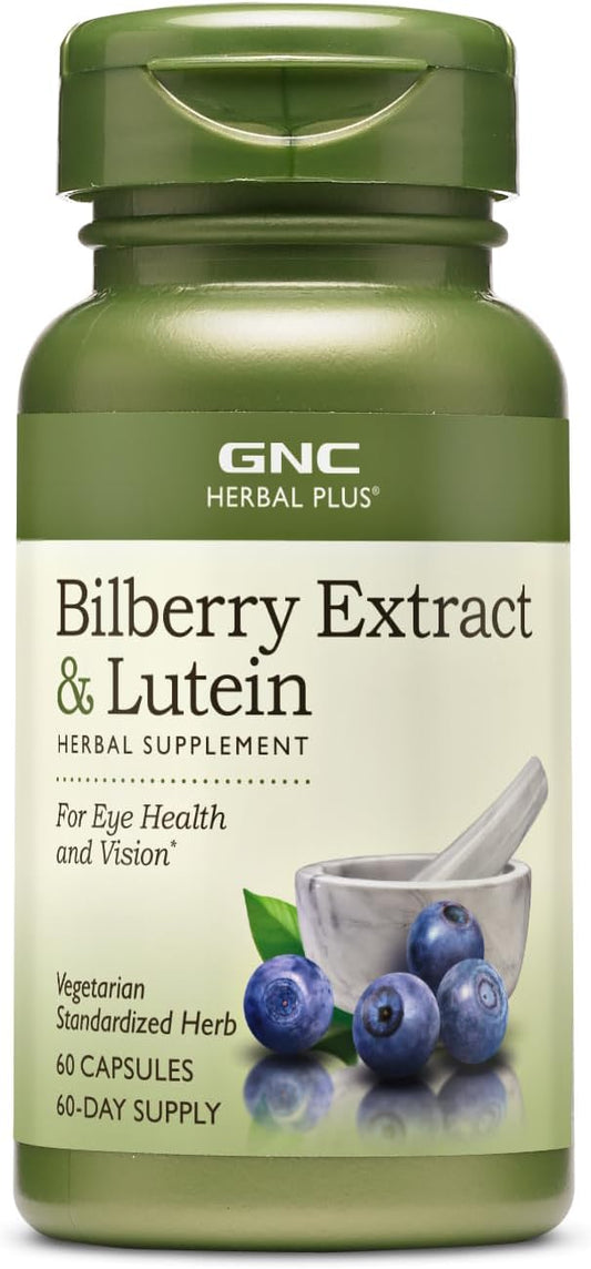 GNC Herbal Plus Bilberry Extract and Lutein Supplement, Vegetarian, Supports Eye and Vision Health, 60 Servings