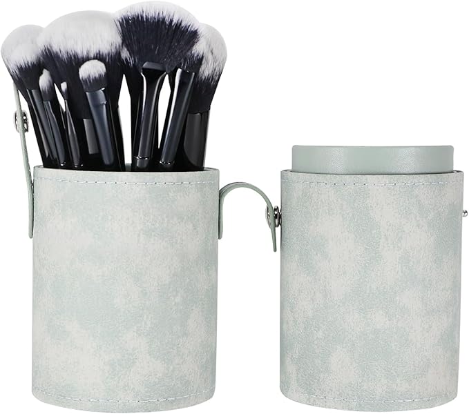 Portable Makeup Brush Case,Pu Leather Makeup Brush Holder with Button,Travel Cup Storage Dustproof Makeup Cosmetic Bags for Women (Cyan)