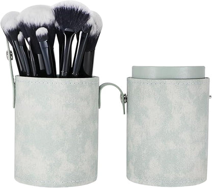Portable Makeup Brush Case,Pu Leather Makeup Brush Holder with Button,Travel Cup Storage Dustproof Makeup Cosmetic Bags for Women (Cyan)