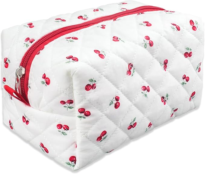 Quilted Makeup Bag,Small Travel Floral Cosmetic Bag Cute Pouch,Cotton Makeup Brushes Storage Bag for Women