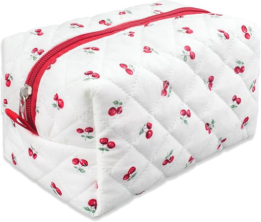 Quilted Makeup Bag,Small Travel Floral Cosmetic Bag Cute Pouch,Cotton Makeup Brushes Storage Bag for Women