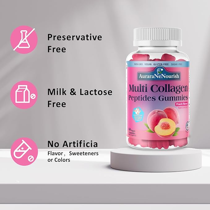 2 Pack Multi Collagen Peptides Gummies, Sugar Free Hydrolyzed 5000mg Protein丨Type I,II,III,V,X with Biotin Hyaluronic Acid Vitamin C A D B6 B12 L-Glutathione for Skin Hair Nail & Joint -Peach