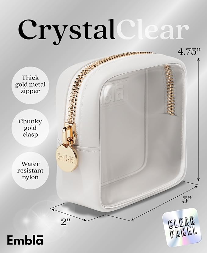 Embla Clear Cosmetic Bag Makeup Case, Clear Zipper Make Up Pouch and Toiletry Travel Tote, Cute Skincare Pouches for Women Girls, Preppy Purse Cosmetic Organizer, Mini Makeup Bags, White