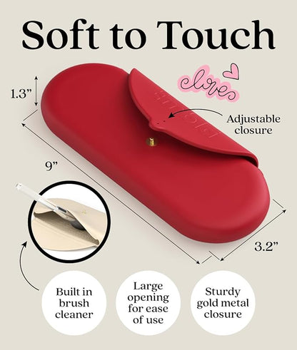Embla Makeup Brush Holder Travel Cosmetic Case Pouch, Soft Silicone Cosmetic Bag Make Up Brushes Holder with Secure Snap Closure, Travel Makeup Brush Case, Ruby