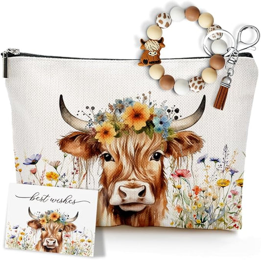 Highland Cow Makeup Bag Set for Women - Wristlet, Keychain, Greeting Card - Animal Lovers Christmas Gifts for Mom, Friend, Grandmother