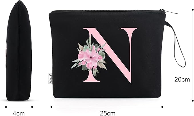 Vavabox A-Z Personalized Makeup Bag, Birthday Gifts for Women Mom, Gifts for Best Friend, Bride Bridesmaid Cosmetic bag (N, Black)