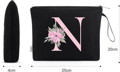 Vavabox A-Z Personalized Makeup Bag, Birthday Gifts for Women Mom, Gifts for Best Friend, Bride Bridesmaid Cosmetic bag (N, Black)