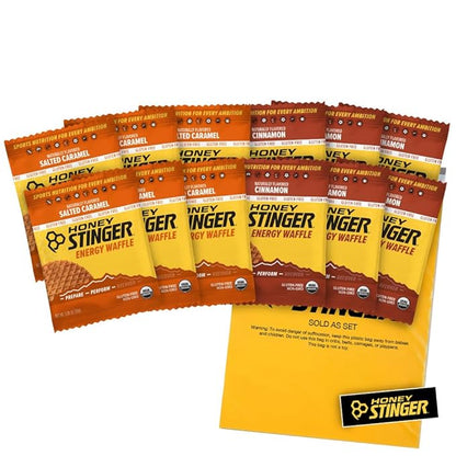 Honey Stinger Gluten Free Organic Waffles – Variety Pack With Sticker and Polybag – 12 Count – Energy Source for Any Activity – Salted Caramel & Cinnamon - 6 of Each Flavor