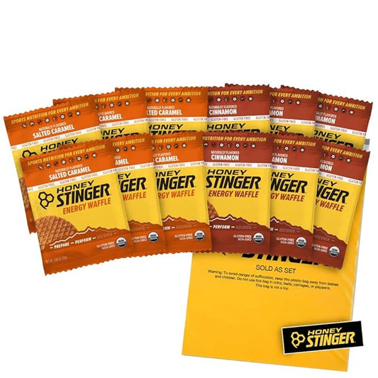 Honey Stinger Gluten Free Organic Waffles – Variety Pack With Sticker and Polybag – 12 Count – Energy Source for Any Activity – Salted Caramel & Cinnamon - 6 of Each Flavor