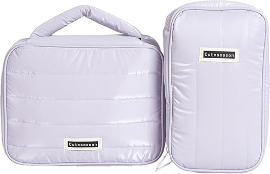 Shiny Puffy Makeup Bag Large Capacity Travel Water-proof Toiletry Bag Drop-proof Digital Product Organizer (Purple, L and M)