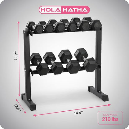 HolaHatha 10, 15, 20, 25, and 35 Pound Rubber Encased Hexagon Non Slip Dumbbell Weight Set with Rack for Various Strength Training Workouts, Black