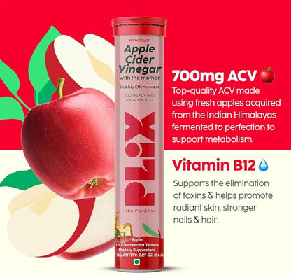PLIX THE PLANT FIX Apple Cider Vinegar Effervescent Tablets with The Mother, 700mg ACV with VIT B12, B6, Pack of 8 |Vegan, No Added Sugar, Non-GMO & Gluten-Free