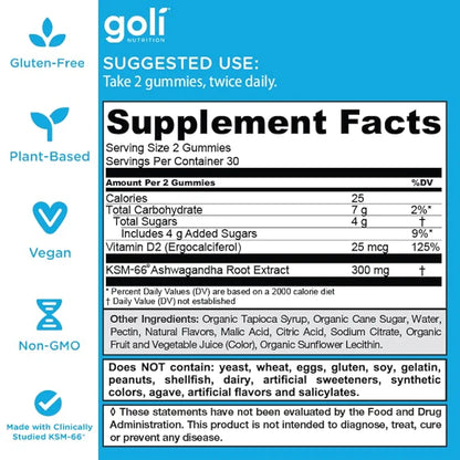Goli Ashwagandha & Vitamin D Gummy - 180 Count - Mixed Berry, KSM-66, Vegan, Plant Based, Non-GMO, Gluten-Free & Gelatin Free Relax. Restore. Unwind, Pack of 3