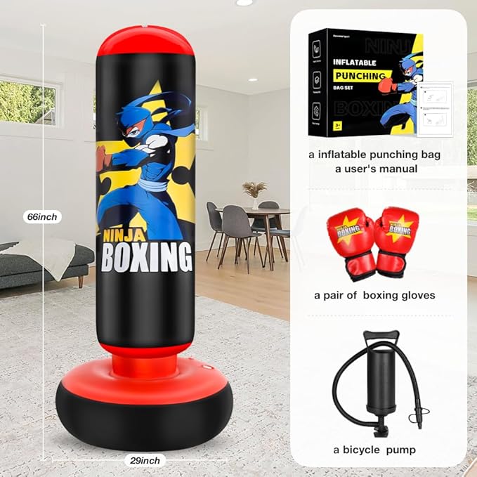 Punching Bag for Kids, Kids Boxing Set with Boxing Gloves 66" Large Inflatable Punching Bag,Gifts for Boys & Girls Age 5-12 for Practicing Karate, Taekwondo
