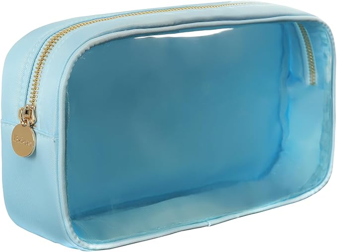 Travel Clear Slim Cosmetic Bag Preppy TPU and Nylon Makeup Bag for Women (Medium, IceBlue)