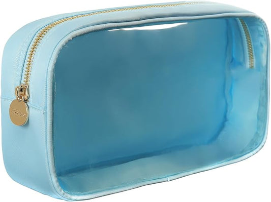 Travel Clear Slim Cosmetic Bag Preppy TPU and Nylon Makeup Bag for Women (Medium, IceBlue)