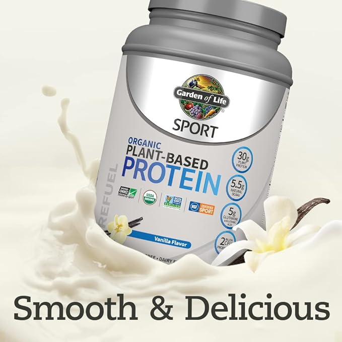 Organic Vegan Protein Powder, Vanilla Protein Powder with Probiotics, BCAAs, 30g Plant Protein, NSF Certified, Gluten Free & Sport, Non GMO, Garden of Life Sport Protein Powder - 19 Servings