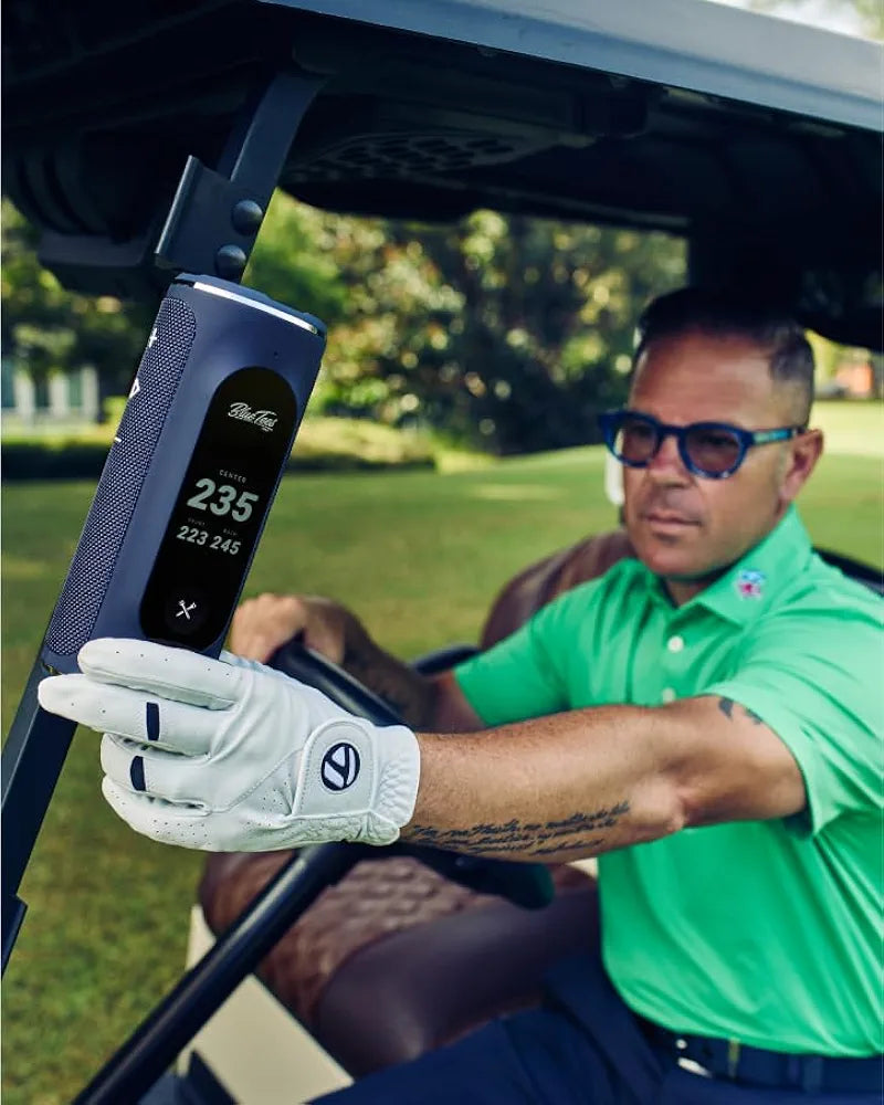 Blue Tees Golf Player+ GPS Speaker with Touch Screen Display, 10+ Hours Battery, 40,000+ Courses, Visual + Audible Distance, Hazard Distance - IPX7 Waterproof 