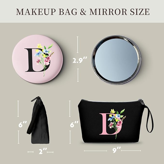SEAMOON Women Birthday Unique Initial Funny Gifts for Teenage Girl Sister Friends Bridesmaid Personalized Travel Make up Cosmetic Bag with Mirror Valentines Mothers Day Christmas Graduation D