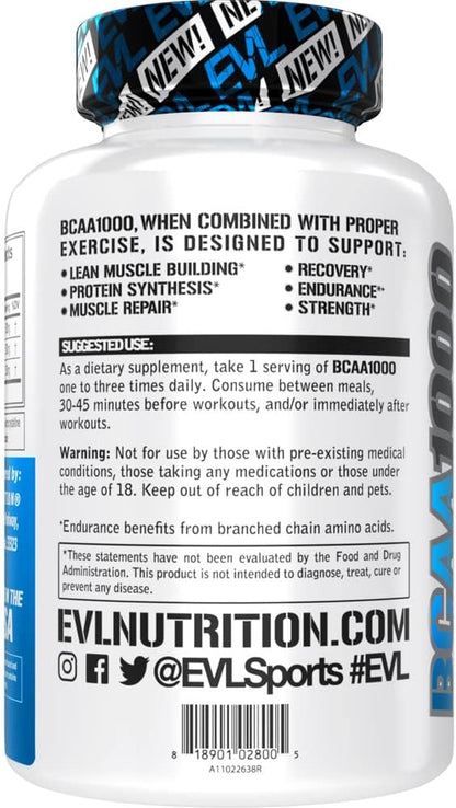 BCAAs Amino Acids Supplement for Men - EVL 2:1:1 5g BCAA Capsules for Post Workout Recovery and Lean Muscle Builder for Men - BCAA1000 Branched Chain Amino Acids Nutritional Supplement - 30 Servings