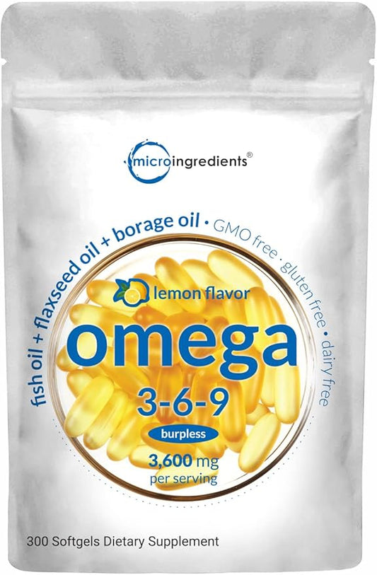 Ultra Omega 3-6-9 3600mg Perserv, 300 Burpless Softgels | Lemon Flavor – Blend of Fish, Flaxseed, Borage Oils | Bioavailable Source, Non-GMO, No Gluten, Mercury Free