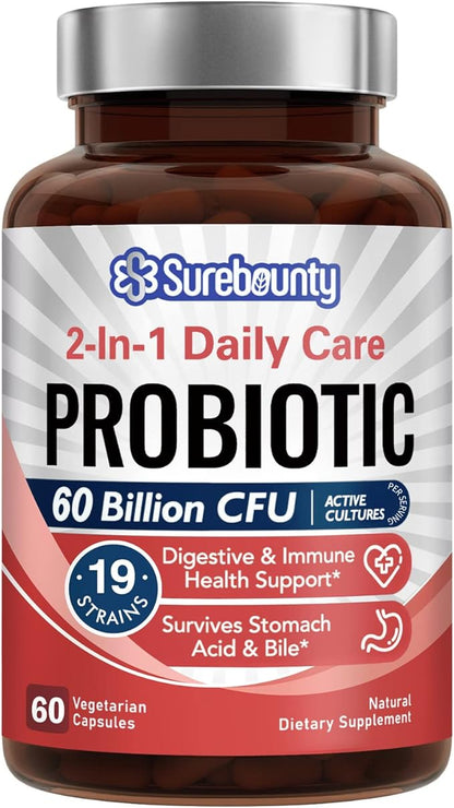 Probiotics 60 Billion CFU 19 Strains for Men & Women, with 100mg Prebiotic, Shelf Stable, 2-in-1 Daily Care Probiotic, Non-GMO, Digestive & Immune Health, 60 Veggie Capsules