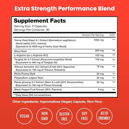 Horny Goat Weed for Men & Women | 1000mg Epimedium Energy Supplement | 10X Strength Icariin | Ginseng, Tribulus & Maca Pills for Women & Men | Enhanced Absorption with Black Pepper | 60 Vegan Capsules