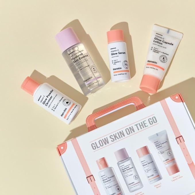 Hanskin Vitamin C Skincare Set – Brightening & Hydrating Travel Kit with Cleanser, Essence, Serum & Lotion – Korean Skincare for Glowing, Radiant Skin – Moisturizing Face Care Gift Set