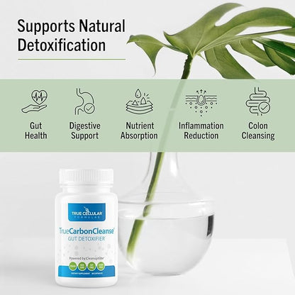 TrueCarbonCleanse™ - Perfect Gut Detoxifier & Binder - Advanced Formula with Organic Bamboo Activated Charcoal Capsules - 60 Capsules - Vegan, Non GMO, Gluten Free, Soy Free, Non-Toxic Certified