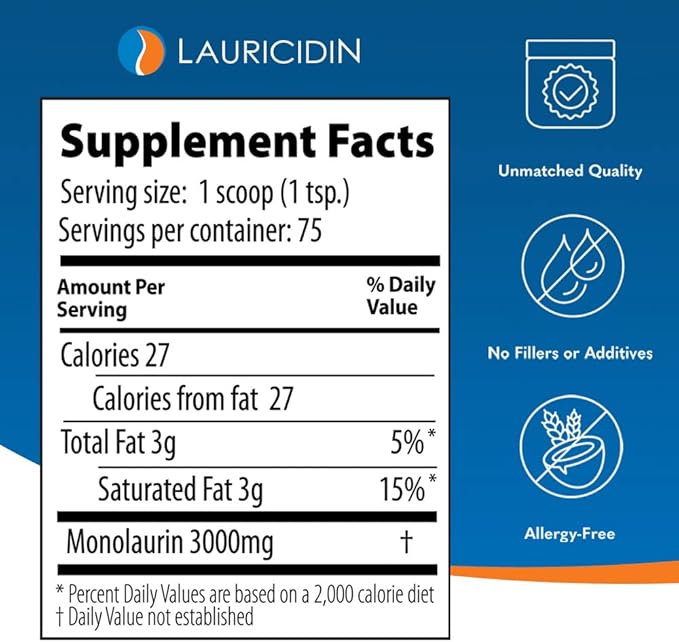 Lauricidin- The Original Monolaurin Supplement- 3000mg per Serving- 227g per Jar (Essential Immune Support and Gut Health)
