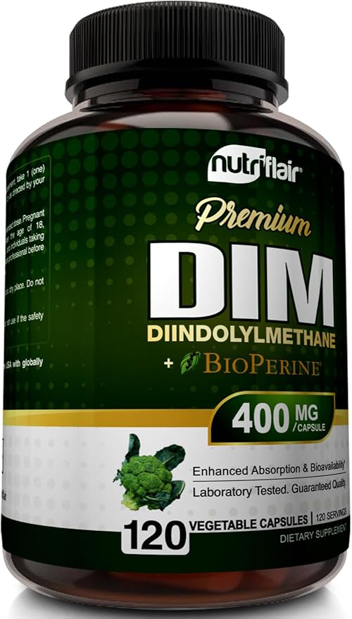 NutriFlair DIM Supplement 400mg with Bioperine, 120 Capsules - Diindolylmethane - Estrogen Metabolism Support & Hormone Balance, Menopause, PCOS, Acne and Skin Care for Men & Women - Compare to 300mg