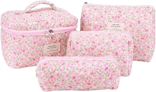 Quilted Makeup Bag Set 3 Pcs Cotton Cute Makeup Bags For Women Large Aesthetic Floral Cosmetic Bag Coquette Flower Makeup Pouch