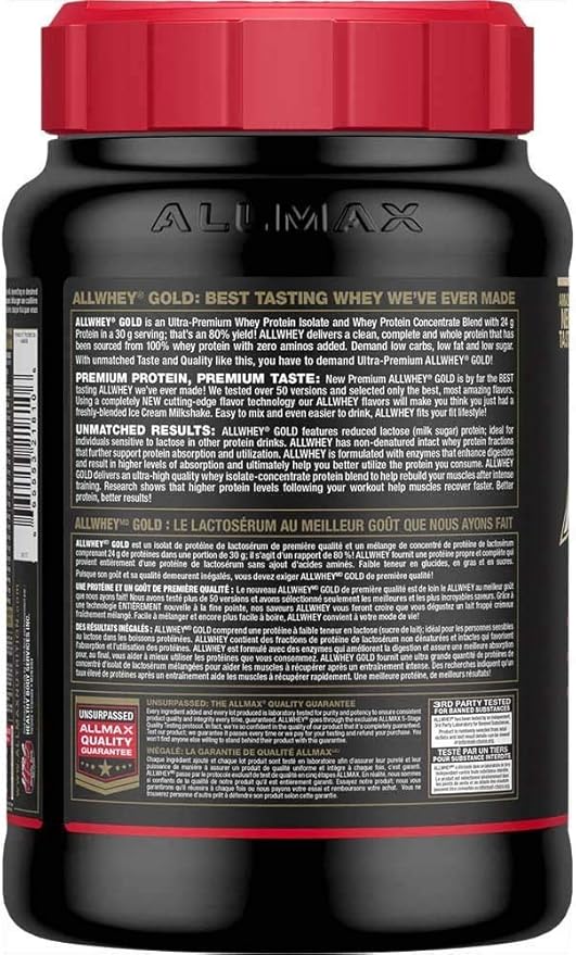 ALLMAX Nutrition Gold ALLWHEY, Strawberry - 2 lb - 24 Grams of Protein Per Scoop - Gluten Free, Low Carb & Low Sugar - Approx. 30 Servings