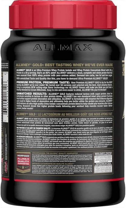 ALLMAX Nutrition Gold ALLWHEY, Strawberry - 2 lb - 24 Grams of Protein Per Scoop - Gluten Free, Low Carb & Low Sugar - Approx. 30 Servings