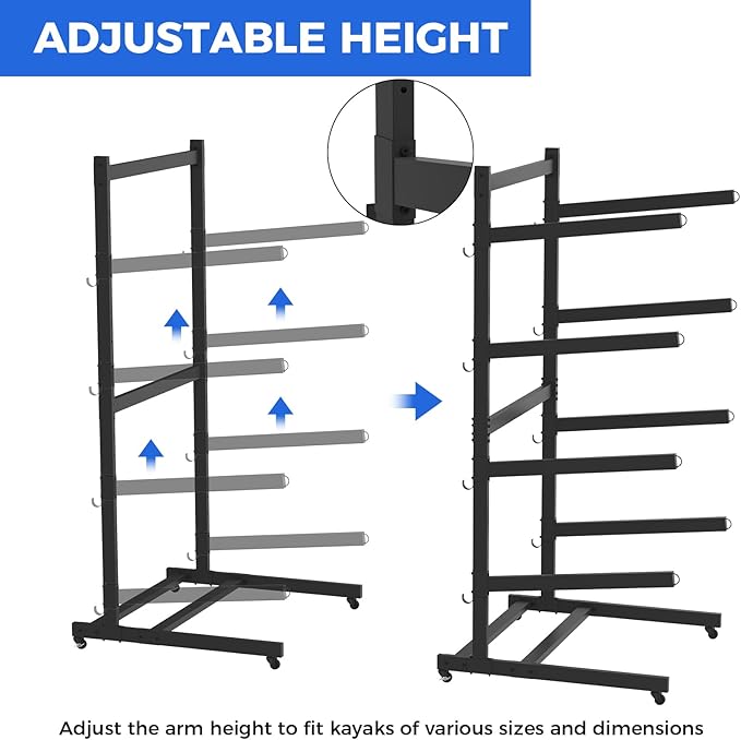 Kayak Storage Rack, Heavy Duty Adjustable Freestanding Kayak Stand with Wheels or Protection Pad for Kayaks, SUPs, Canoe and Paddleboard Kayak Rack for Indoor & Outdoor Use