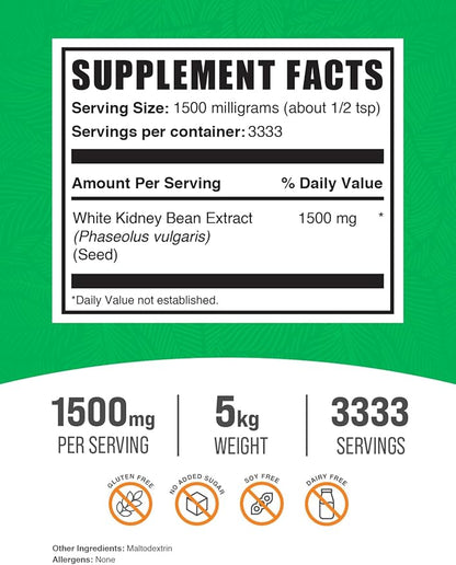 BulkSupplements.com White Kidney Bean Extract - Powdered Extract for Digestive Support, Protein Source - Gluten Free - 1500mg per Serving, Pack of 5 (5 Kilograms - 11 lbs)