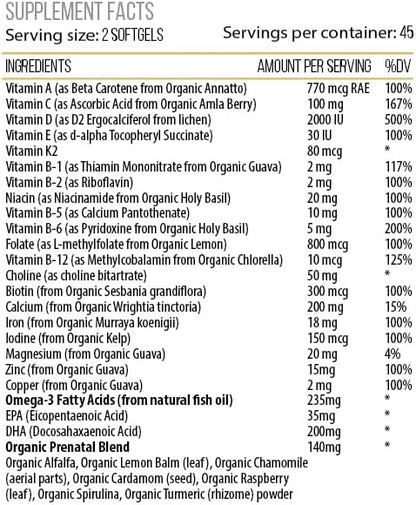 ACTIF Organic Prenatal Vitamin with 25+ Organic Vitamins, 100% Natural, DHA, EPA, Omega 3, and Organic Herbal Blend - Non-GMO, 90 Count